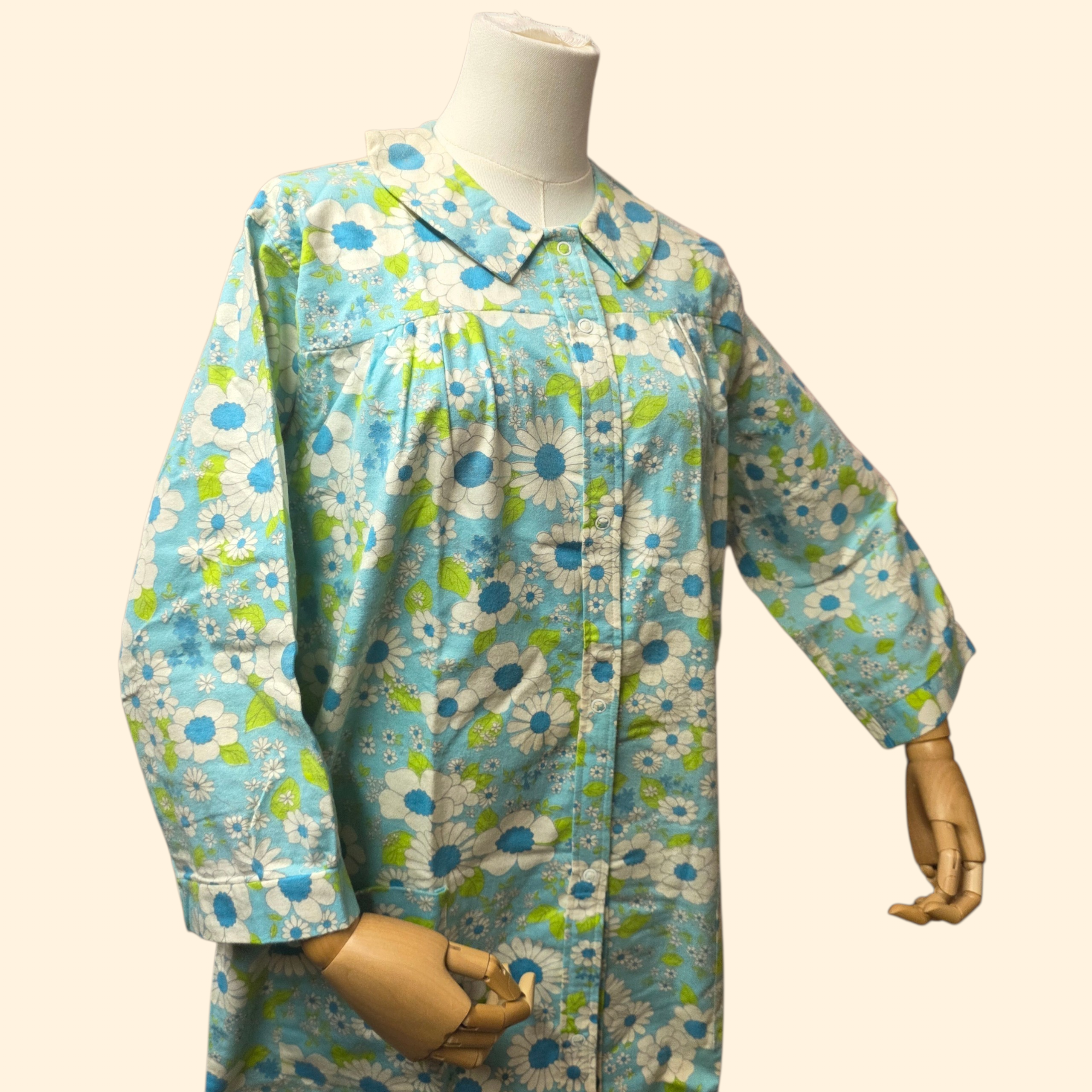 1960s Deadstock Flower Power Cotton Nightgown ~ Large ~ Teal Green Floral Duster