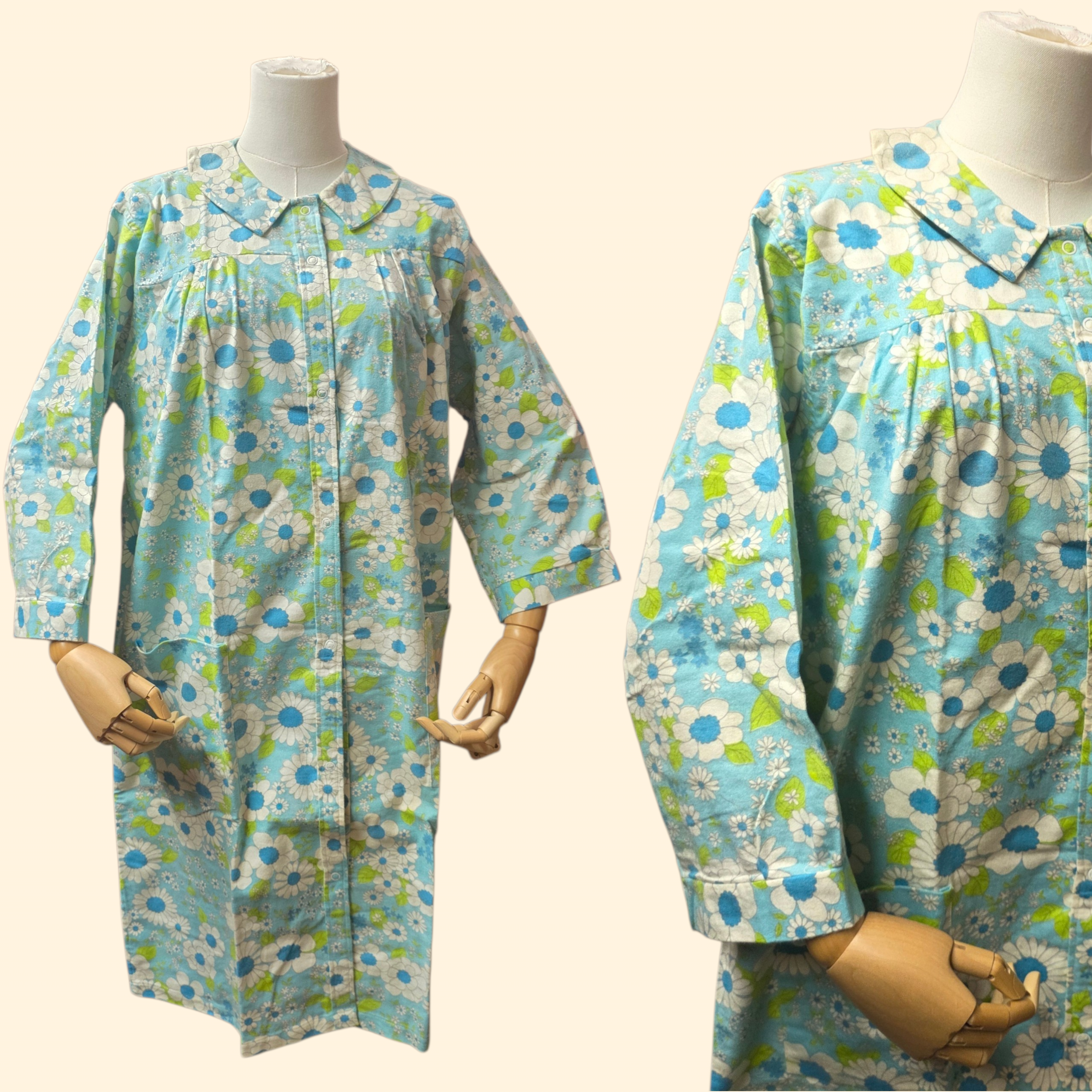 1960s Deadstock Flower Power Cotton Nightgown ~ Large ~ Teal Green Floral Duster