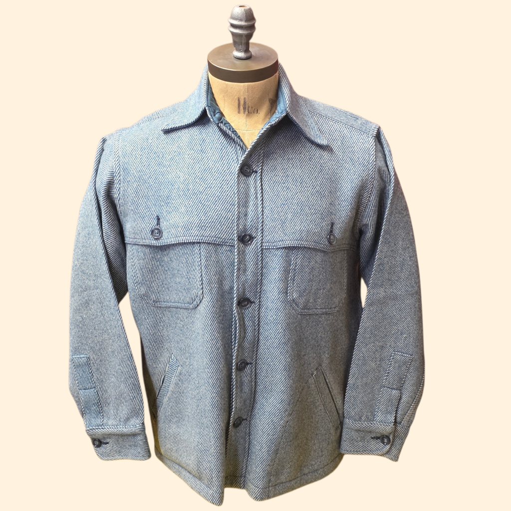 1980s Eddie Bauer Blue Wool Button Down Shirt ~ L ~ Twill Herringbone Shacket
