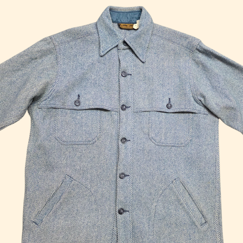 1980s Eddie Bauer Blue Wool Button Down Shirt ~ L ~ Twill Herringbone Shacket