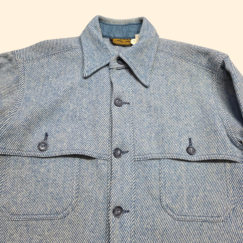 1980s Eddie Bauer Blue Wool Button Down Shirt ~ L ~ Twill Herringbone Shacket