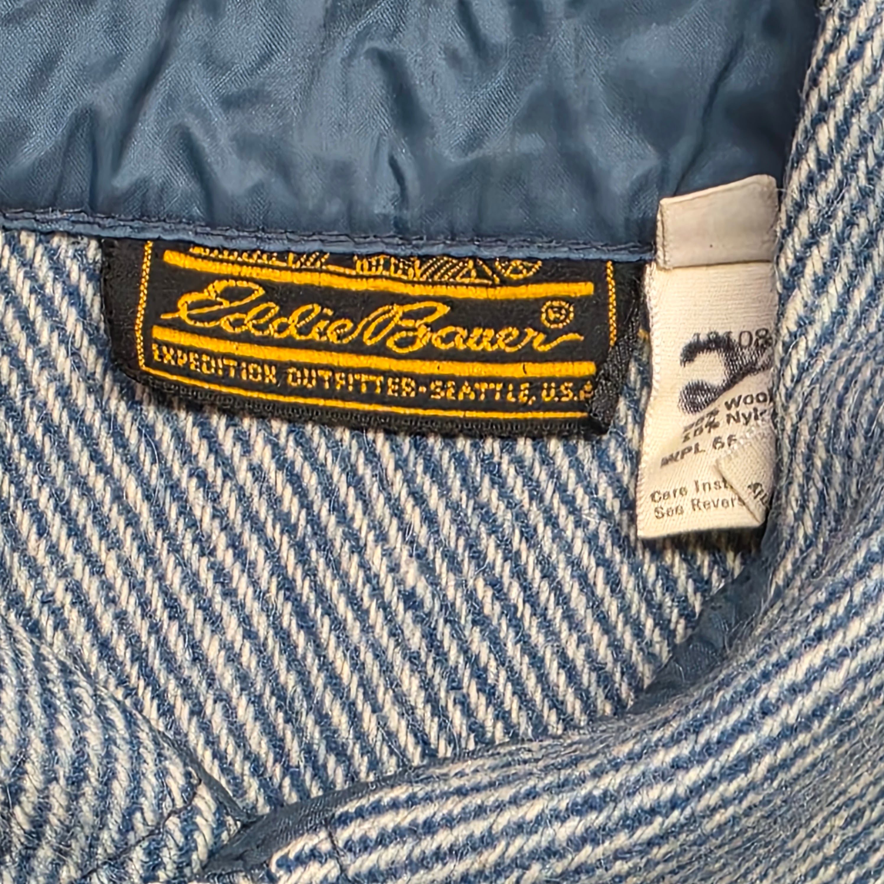 1980s Eddie Bauer Blue Wool Button Down Shirt ~ L ~ Twill Herringbone Shacket