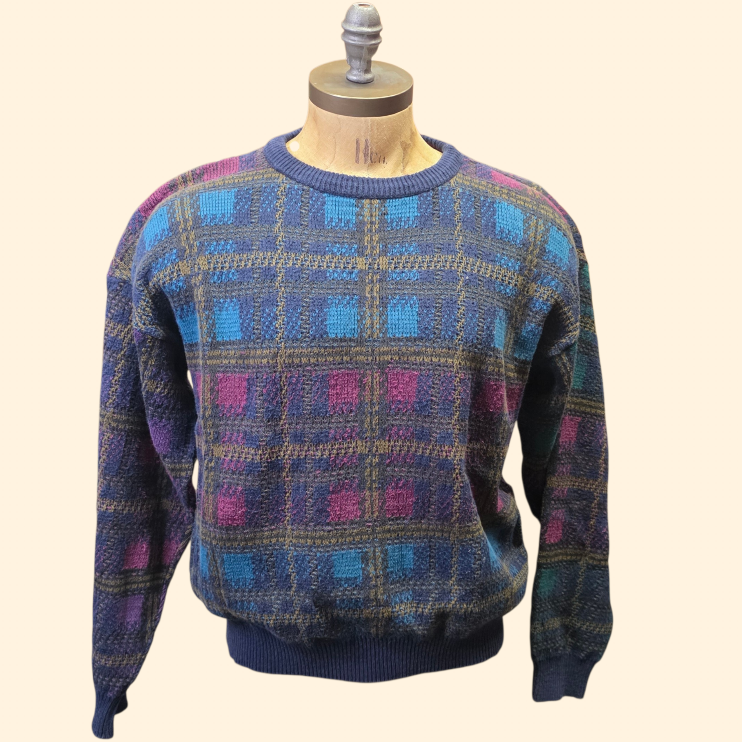 1980s Chaps Ralph Lauren Plaid Cotton Sweater ~ Large ~ Preppy Crewneck Navy Blue Purple Burgundy