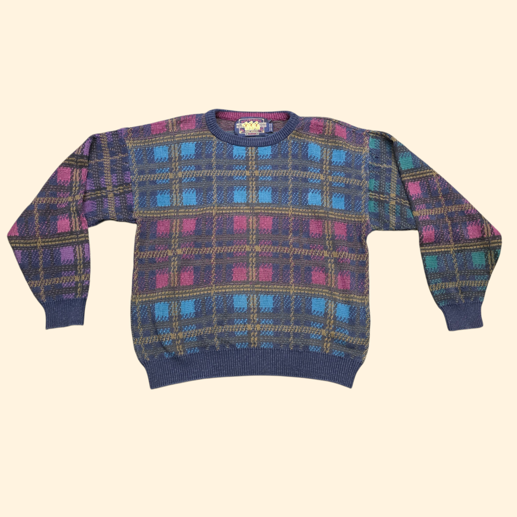 1980s Chaps Ralph Lauren Plaid Cotton Sweater ~ Large ~ Preppy Crewneck Navy Blue Purple Burgundy