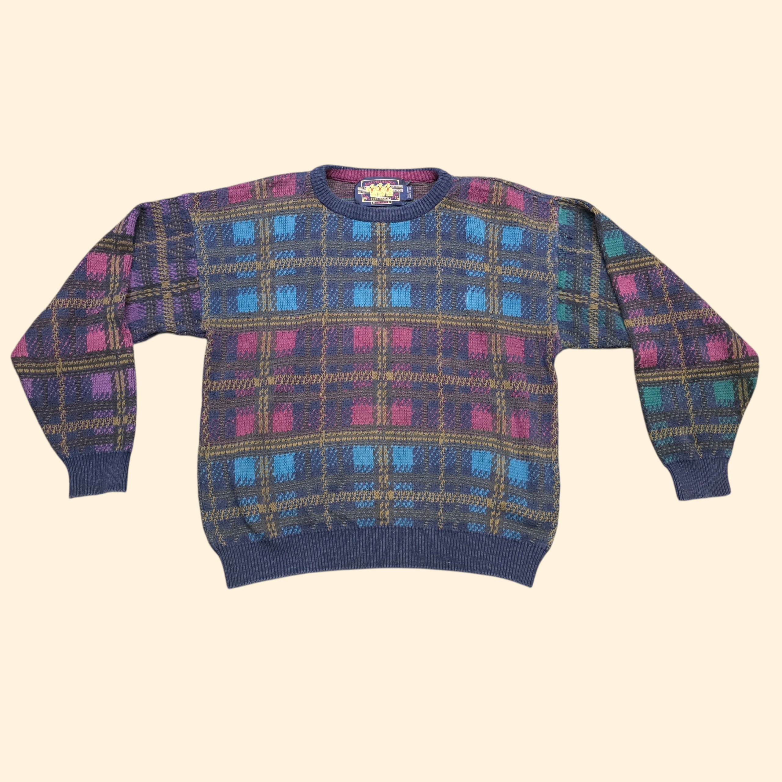 1980s Chaps Ralph Lauren Plaid Cotton Sweater ~ Large ~ Preppy Crewneck Navy Blue Purple Burgundy