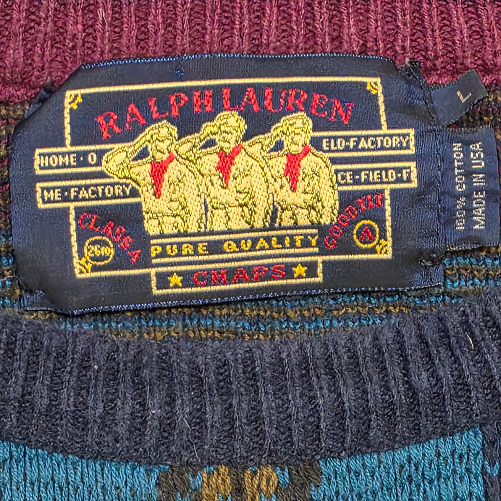 1980s Chaps Ralph Lauren Plaid Cotton Sweater ~ Large ~ Preppy Crewneck Navy Blue Purple Burgundy
