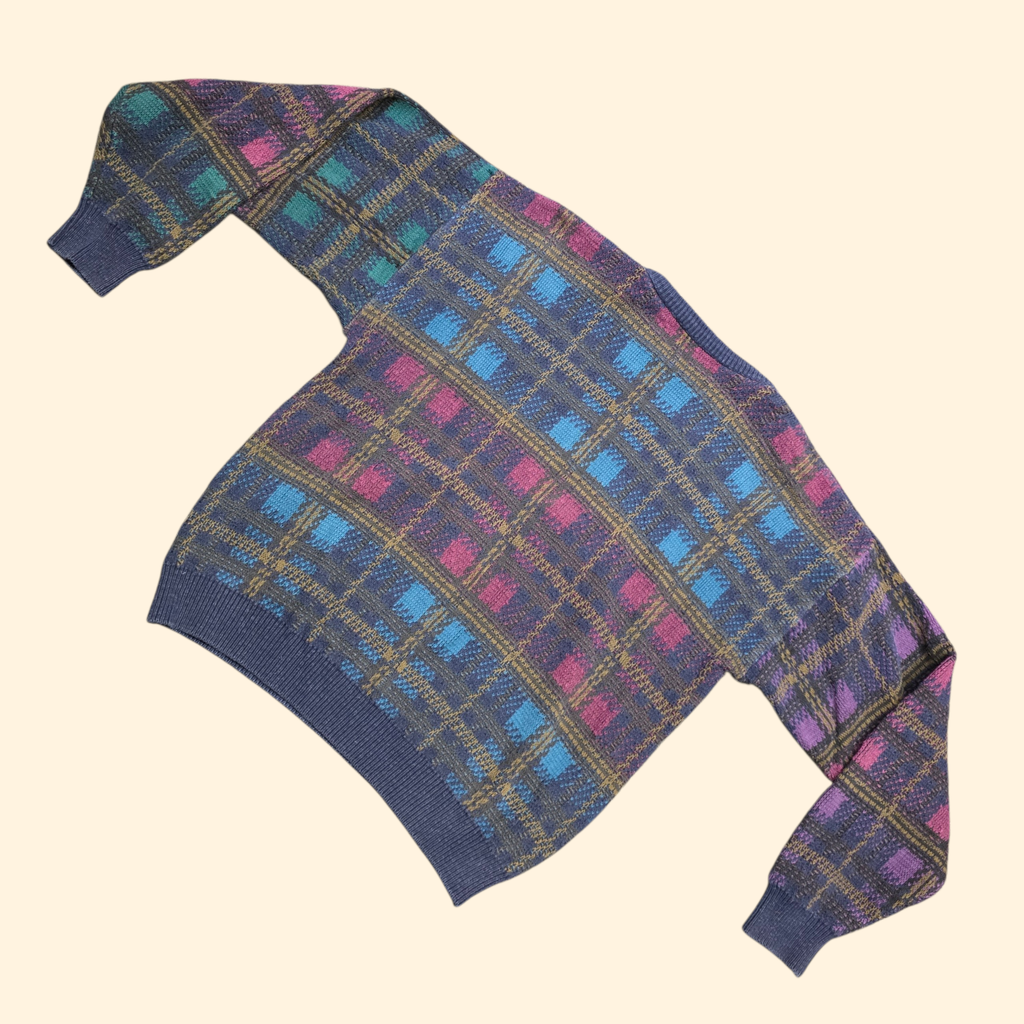 1980s Chaps Ralph Lauren Plaid Cotton Sweater ~ Large ~ Preppy Crewneck Navy Blue Purple Burgundy