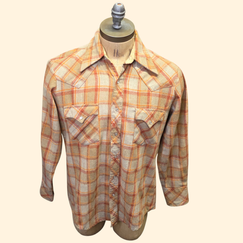 1970s Plaid Wool Blend Pearl Snap Button Western Shirt ~ Large ~ Orange Rust Camel Long Sleeve