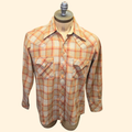 1970s Plaid Wool Blend Pearl Snap Button Western Shirt ~ Large ~ Orange Rust Camel Long Sleeve
