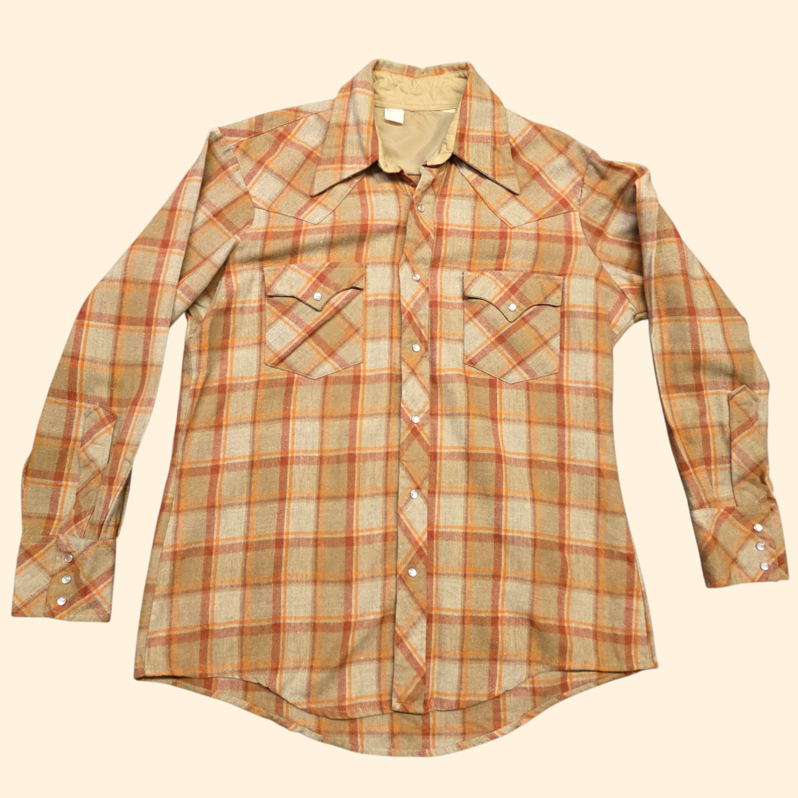 1970s Plaid Wool Blend Pearl Snap Button Western Shirt ~ Large ~ Orange Rust Camel Long Sleeve