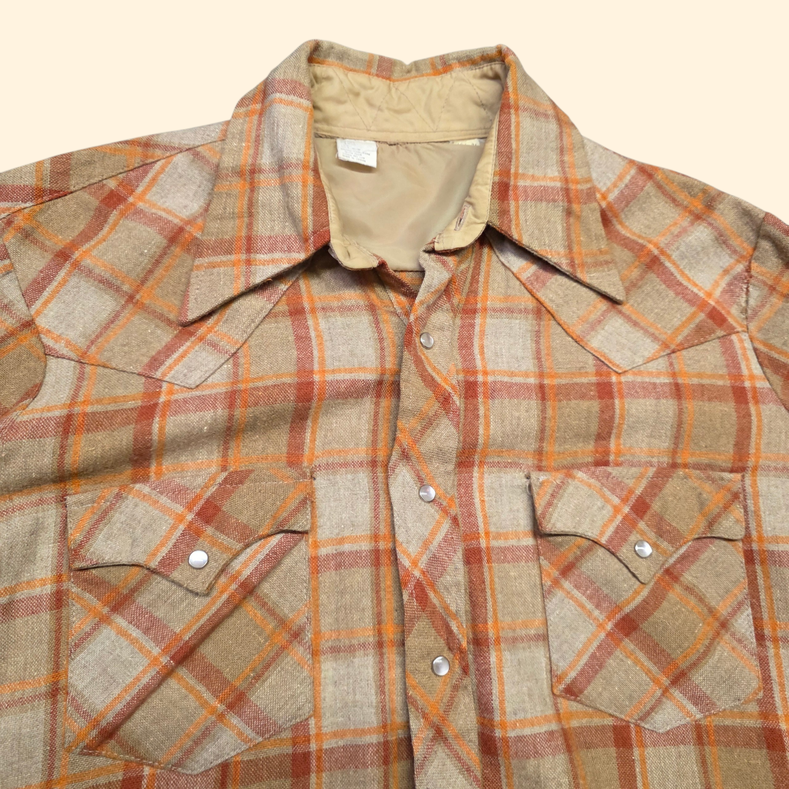 1970s Plaid Wool Blend Pearl Snap Button Western Shirt ~ Large ~ Orange Rust Camel Long Sleeve