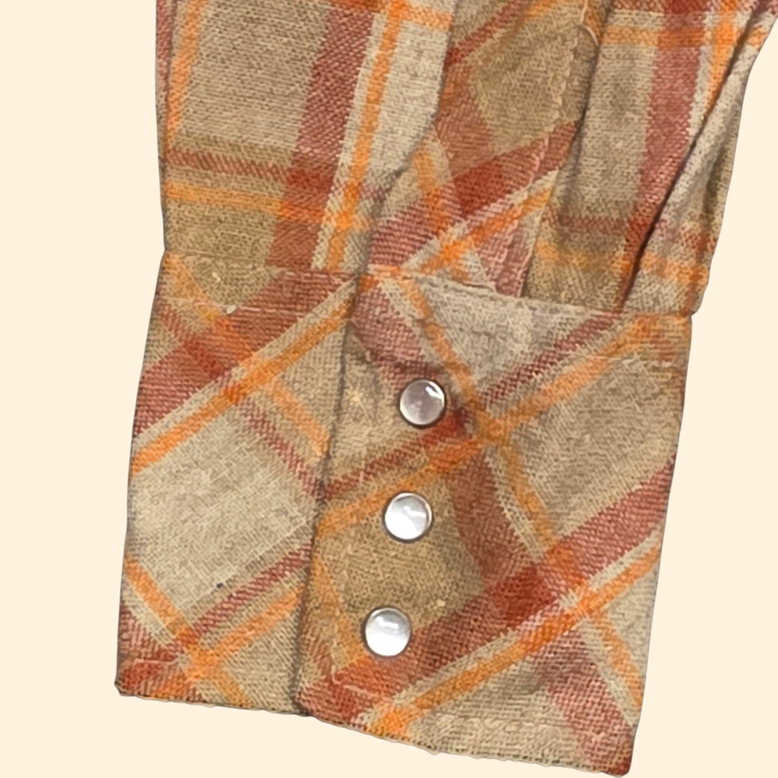 1970s Plaid Wool Blend Pearl Snap Button Western Shirt ~ Large ~ Orange Rust Camel Long Sleeve