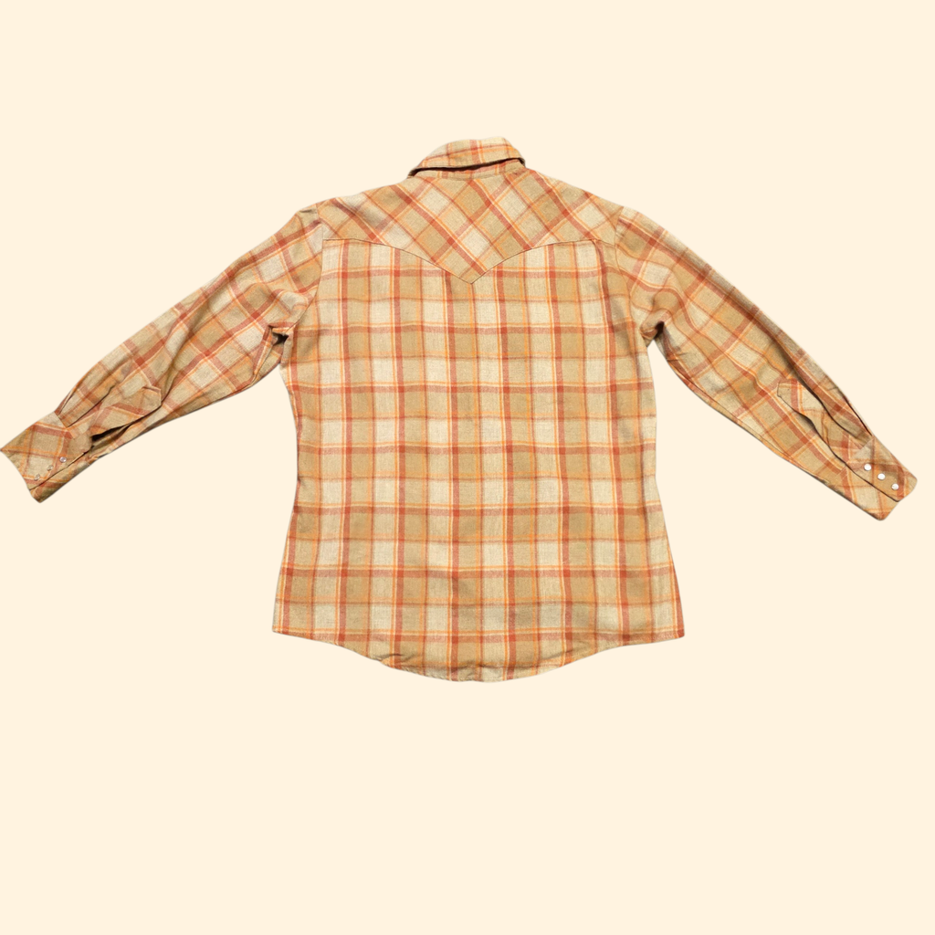1970s Plaid Wool Blend Pearl Snap Button Western Shirt ~ Large ~ Orange Rust Camel Long Sleeve