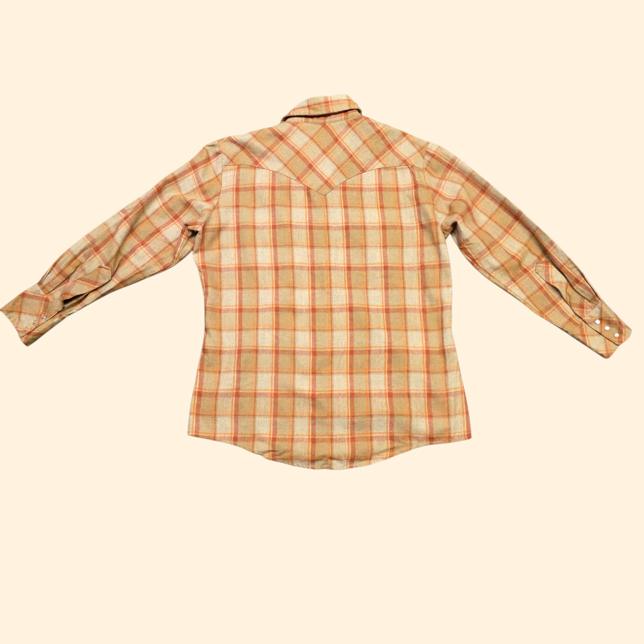 1970s Plaid Wool Blend Pearl Snap Button Western Shirt ~ Large ~ Orange Rust Camel Long Sleeve