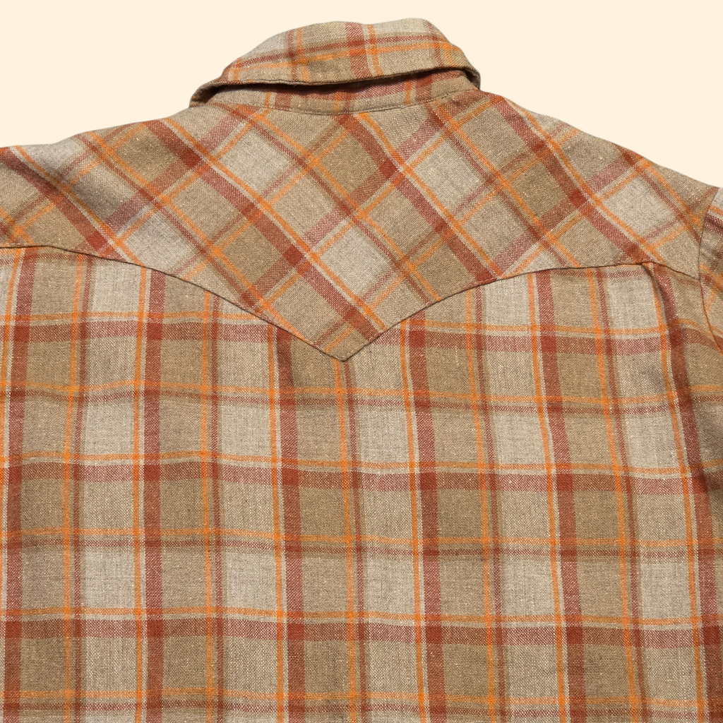 1970s Plaid Wool Blend Pearl Snap Button Western Shirt ~ Large ~ Orange Rust Camel Long Sleeve