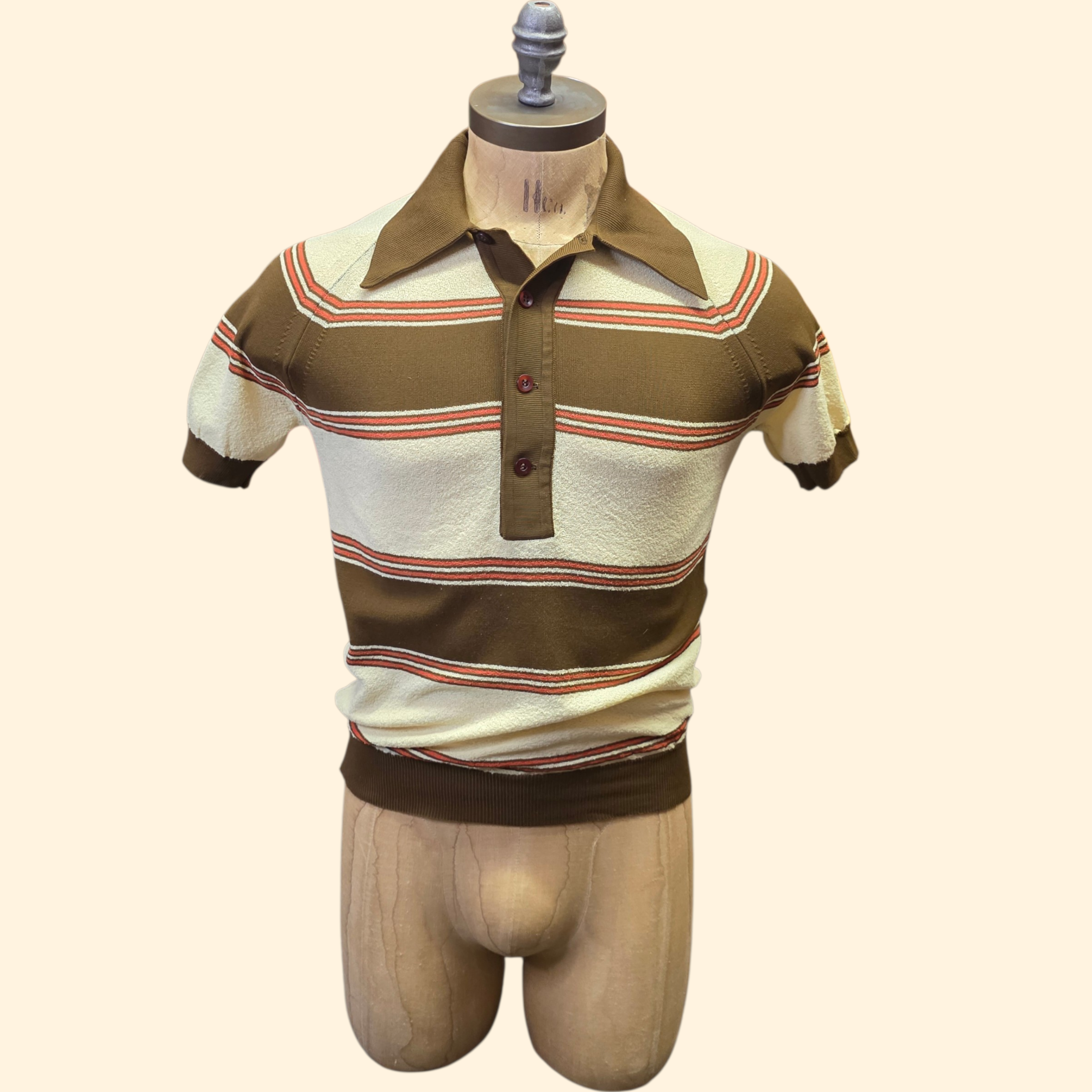 1970s Striped Polo Shirt ~ Small ~ Brown Cream Orange Stripe Dagger Collar Men's Pullover