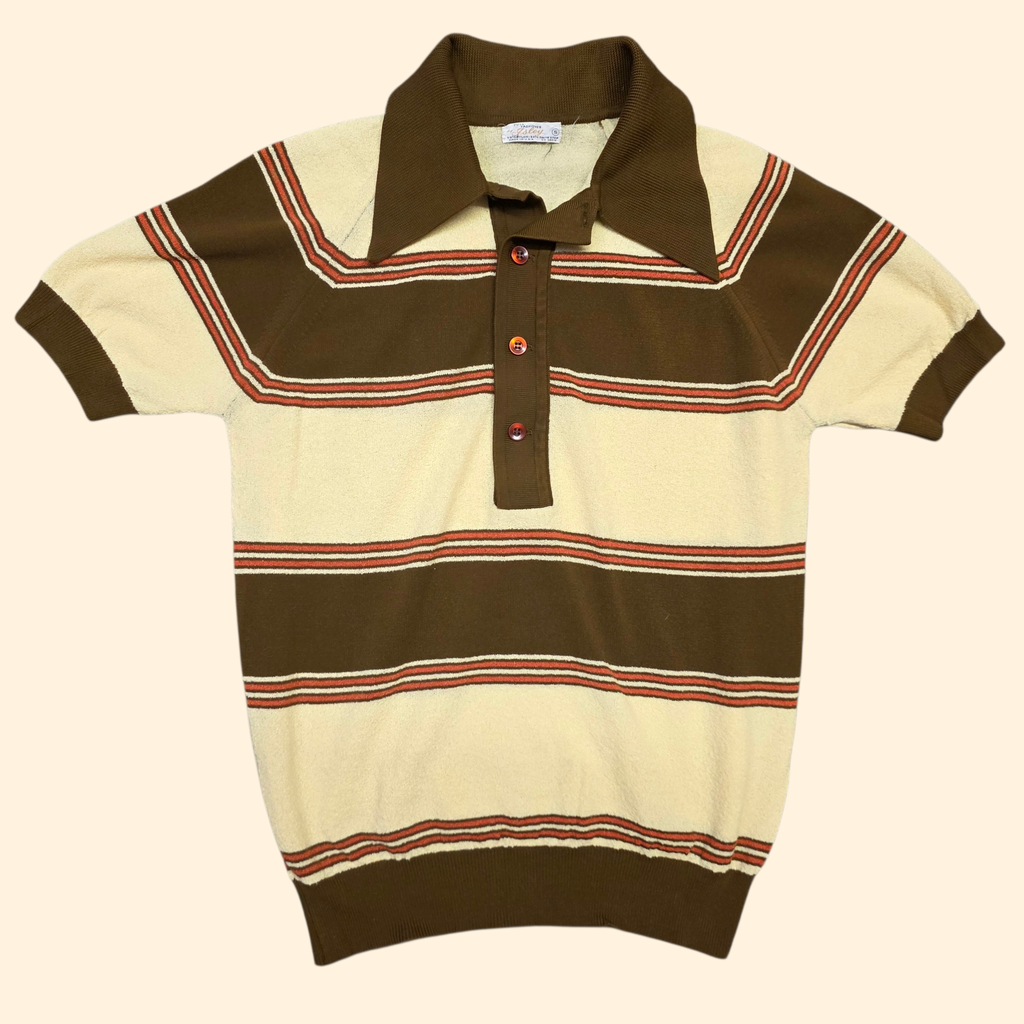 1970s Striped Polo Shirt ~ Small ~ Brown Cream Orange Stripe Dagger Collar Men's Pullover
