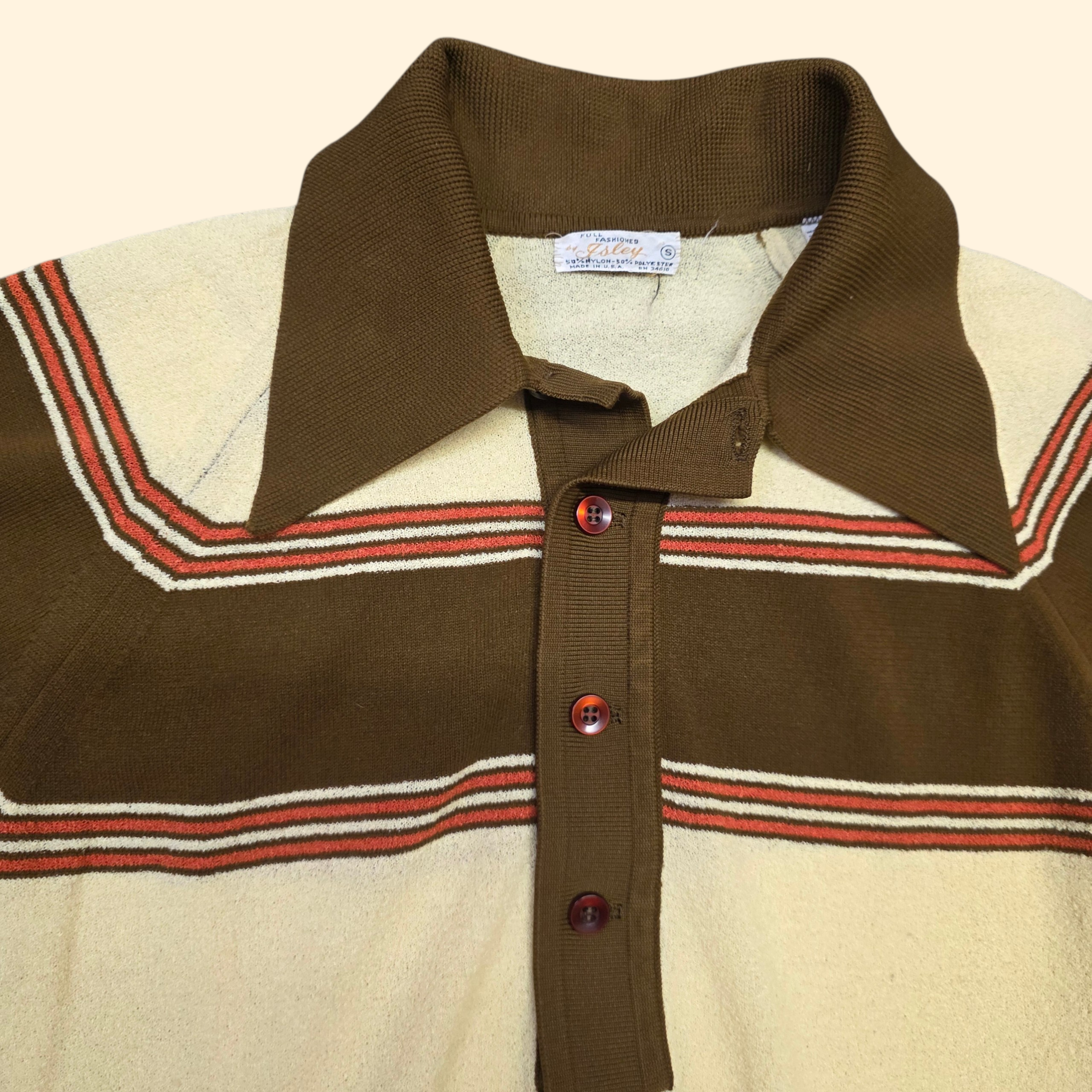 1970s Striped Polo Shirt ~ Small ~ Brown Cream Orange Stripe Dagger Collar Men's Pullover