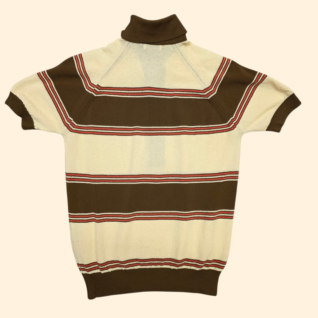 1970s Striped Polo Shirt ~ Small ~ Brown Cream Orange Stripe Dagger Collar Men's Pullover