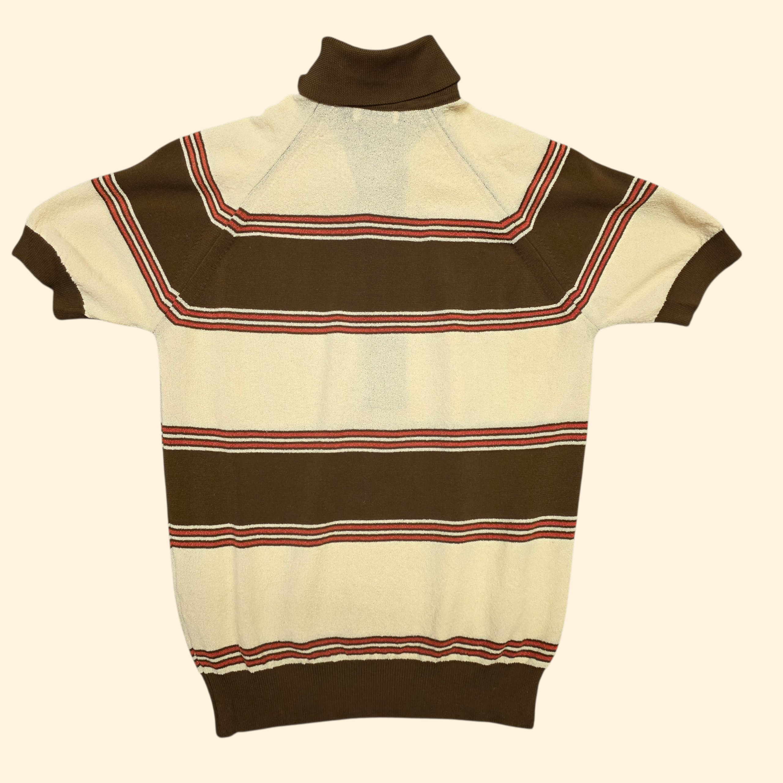 1970s Striped Polo Shirt ~ Small ~ Brown Cream Orange Stripe Dagger Collar Men's Pullover