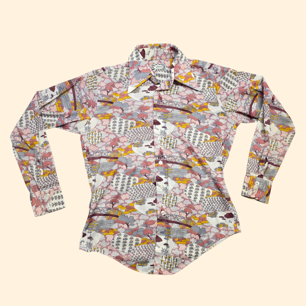 1970s Japanese Garden Bridge Novelty Print Dagger Collar ~ Medium ~ Viking Pink Mustard Gray Men's Long Sleeve Button Down