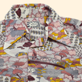 1970s Japanese Garden Bridge Novelty Print Dagger Collar ~ Medium ~ Viking Pink Mustard Gray Men's Long Sleeve Button Down