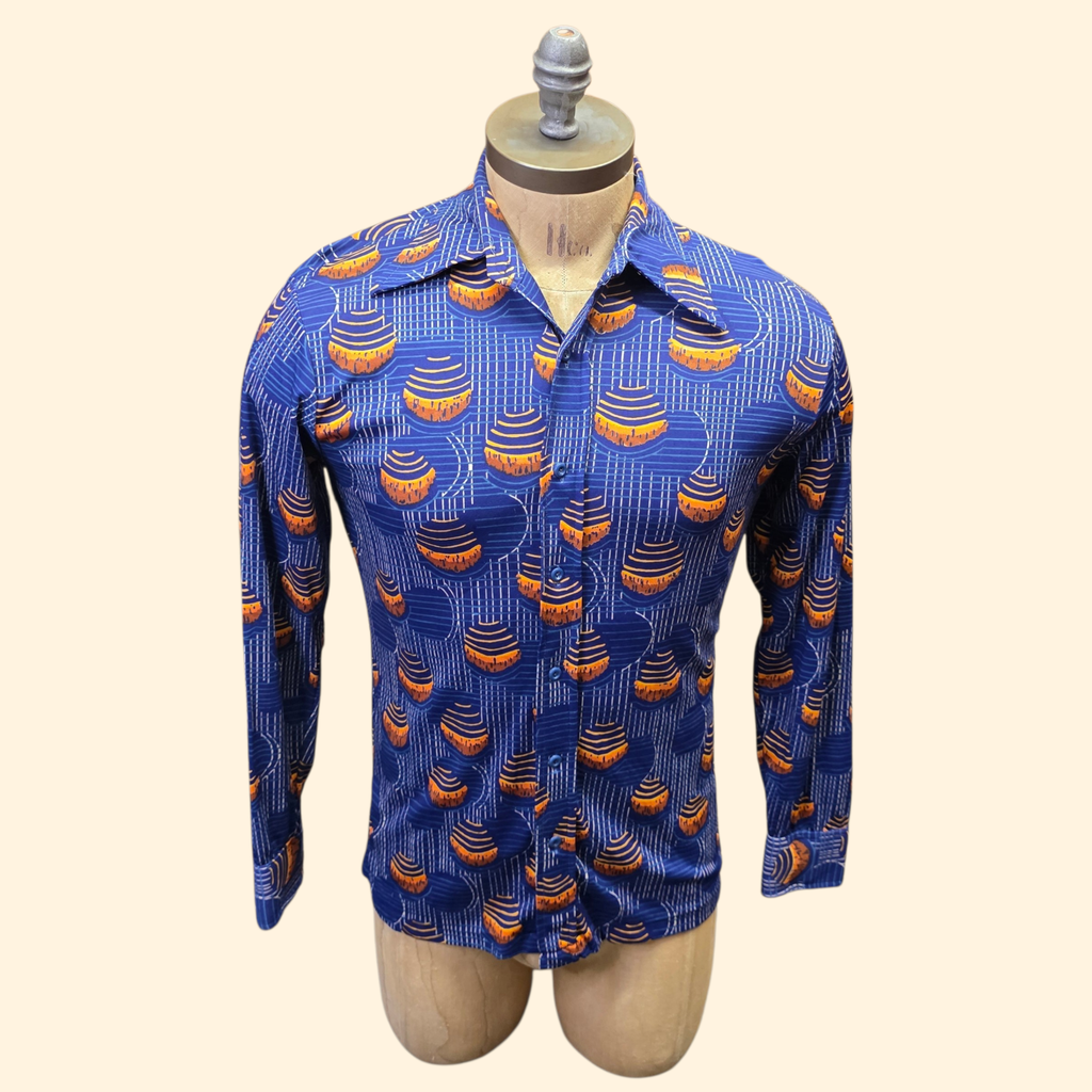 1970s Huckapoo Geometric Print Nylon Dagger Collar Shirt ~ Medium ~ Blue Orange Men's  Button Down