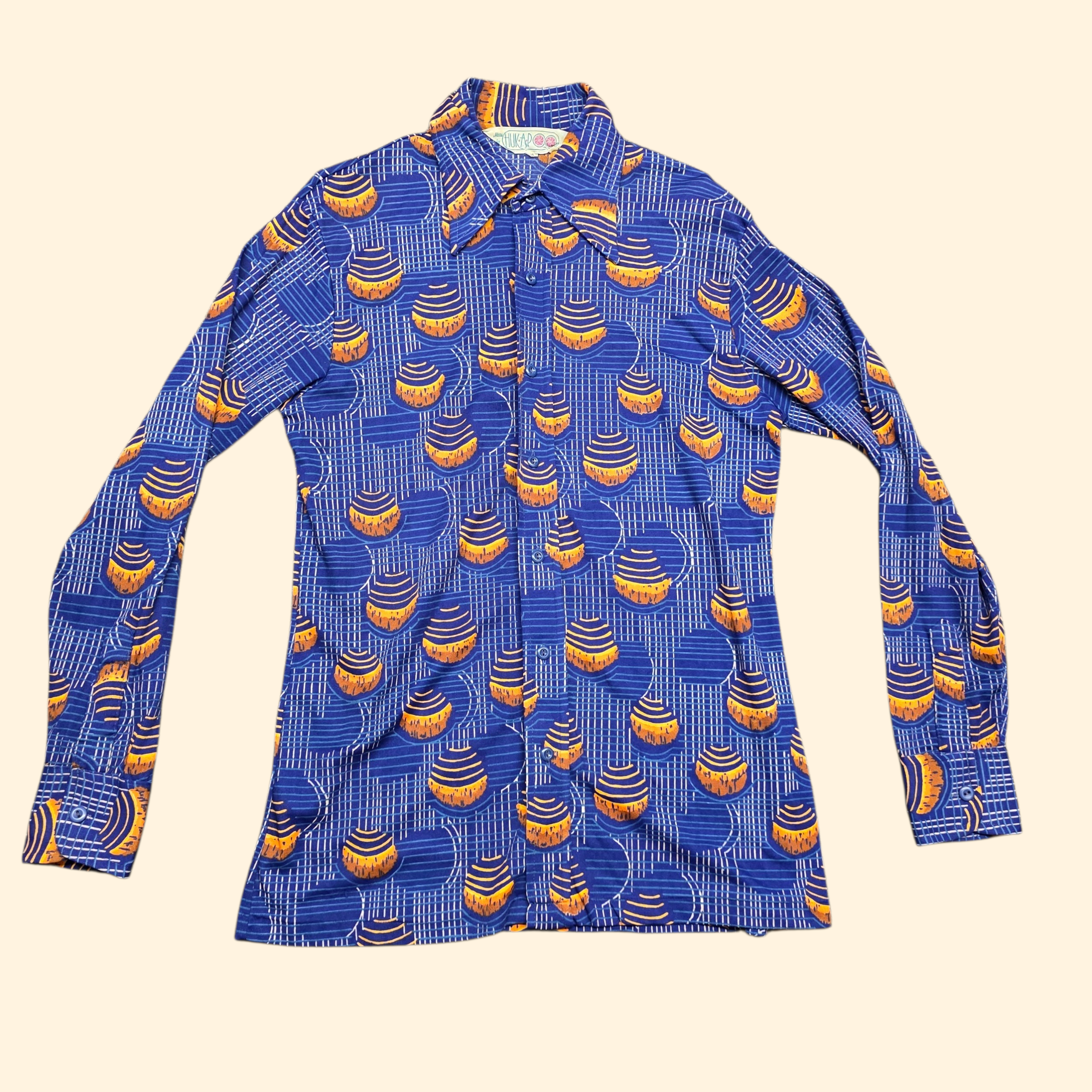 1970s Huckapoo Geometric Print Nylon Dagger Collar Shirt ~ Medium ~ Blue Orange Men's  Button Down