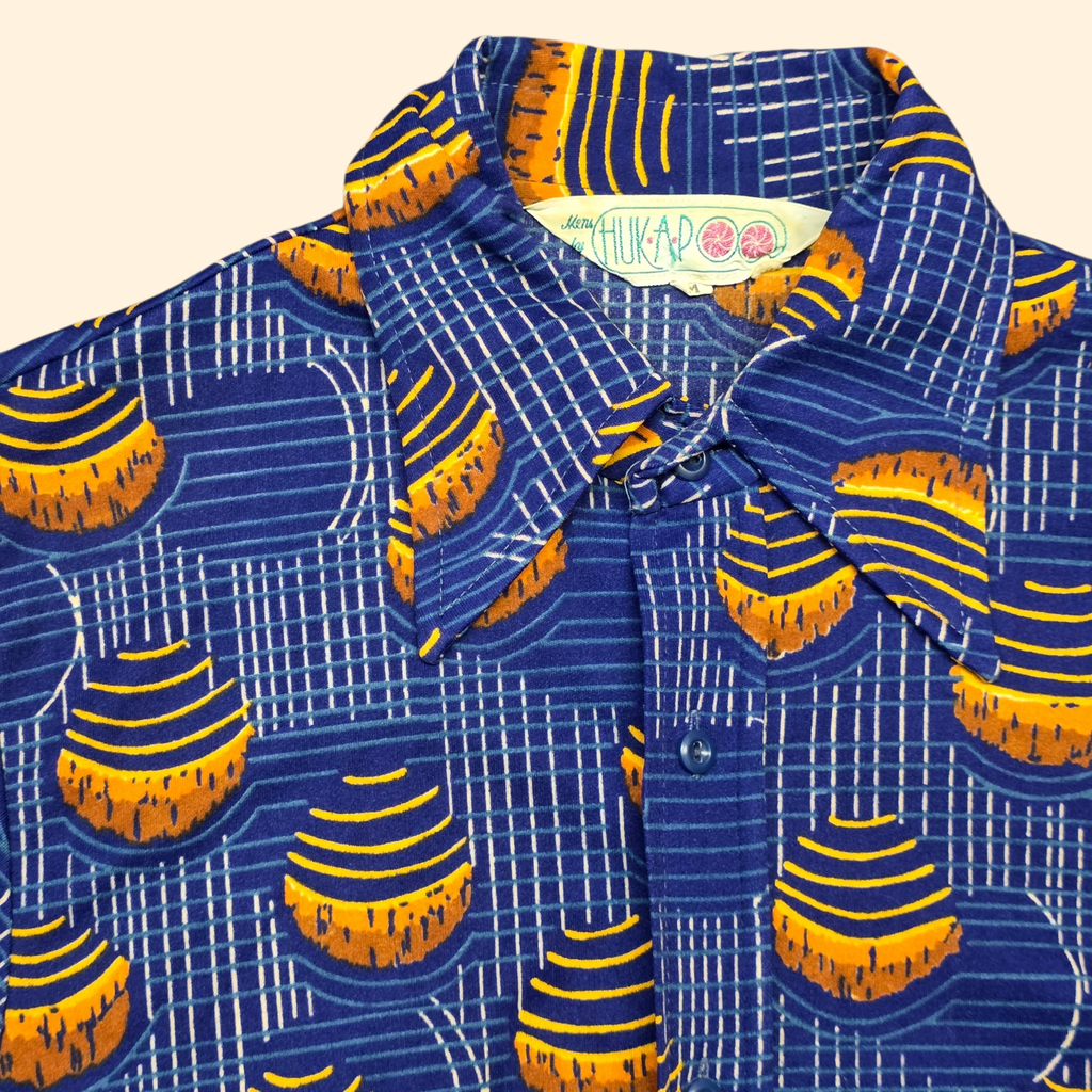 1970s Huckapoo Geometric Print Nylon Dagger Collar Shirt ~ Medium ~ Blue Orange Men's  Button Down