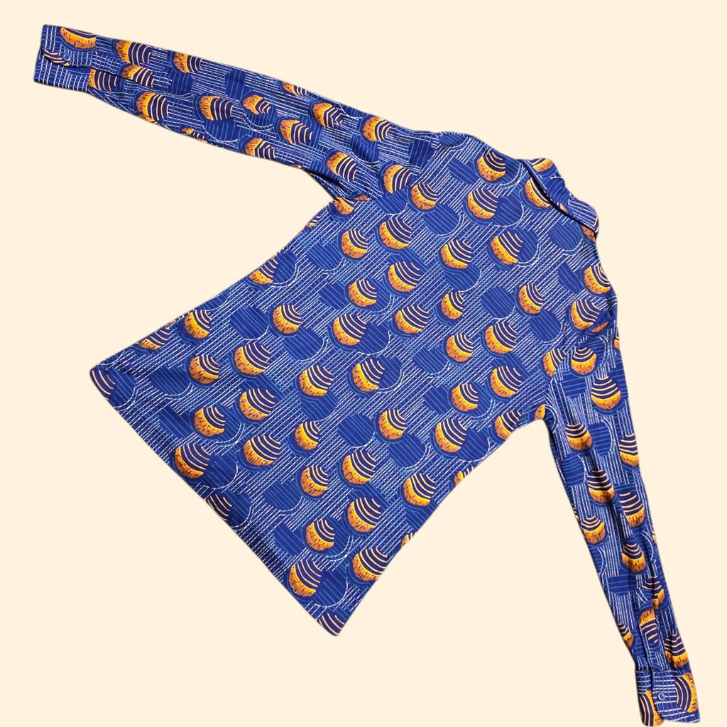 1970s Huckapoo Geometric Print Nylon Dagger Collar Shirt ~ Medium ~ Blue Orange Men's  Button Down