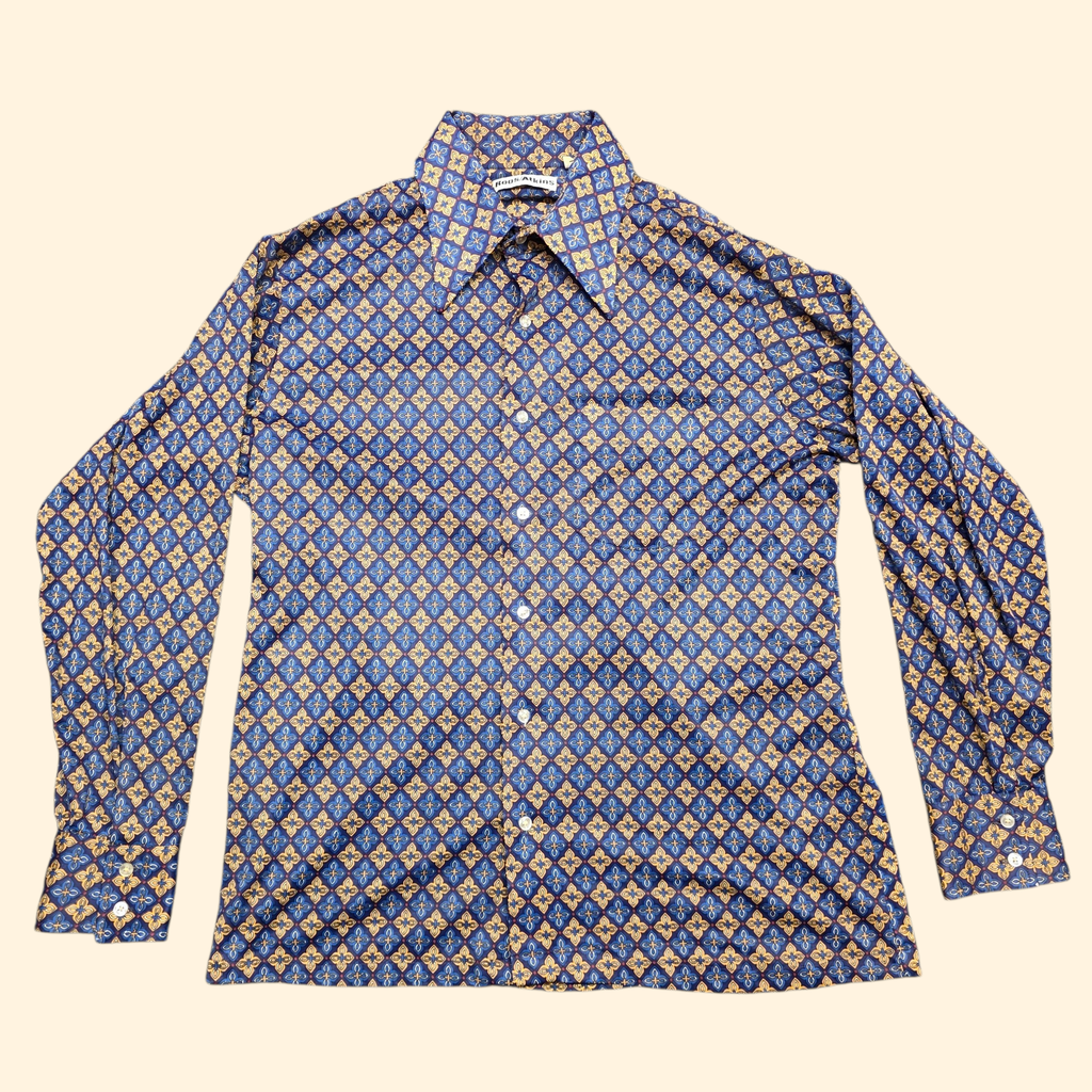 1970s Dagger Collar Button Down Shirt ~ Large ~ Men's Long Sleeve Navy Gold Foulard Print