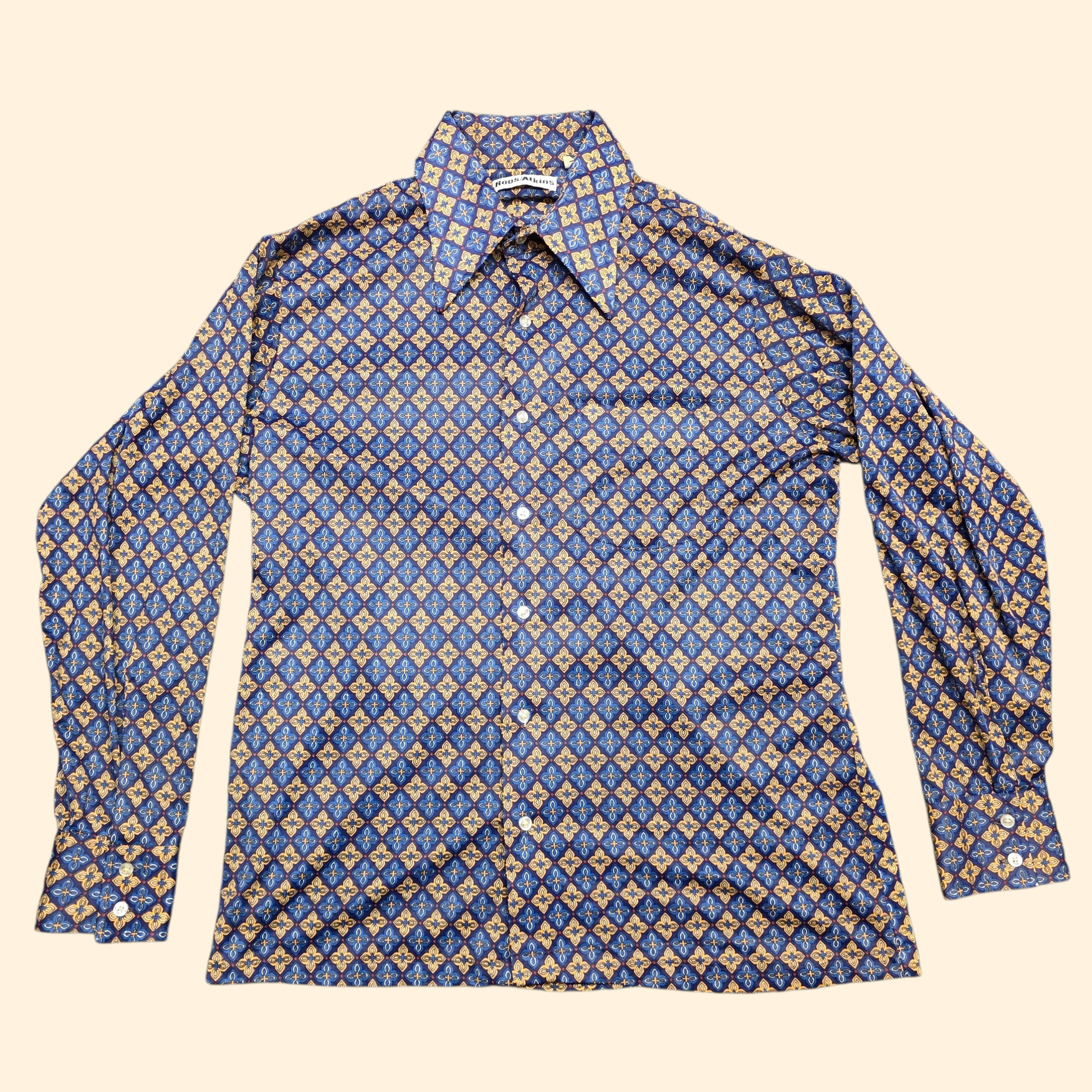 1970s Dagger Collar Button Down Shirt ~ Large ~ Men's Long Sleeve Navy Gold Foulard Print