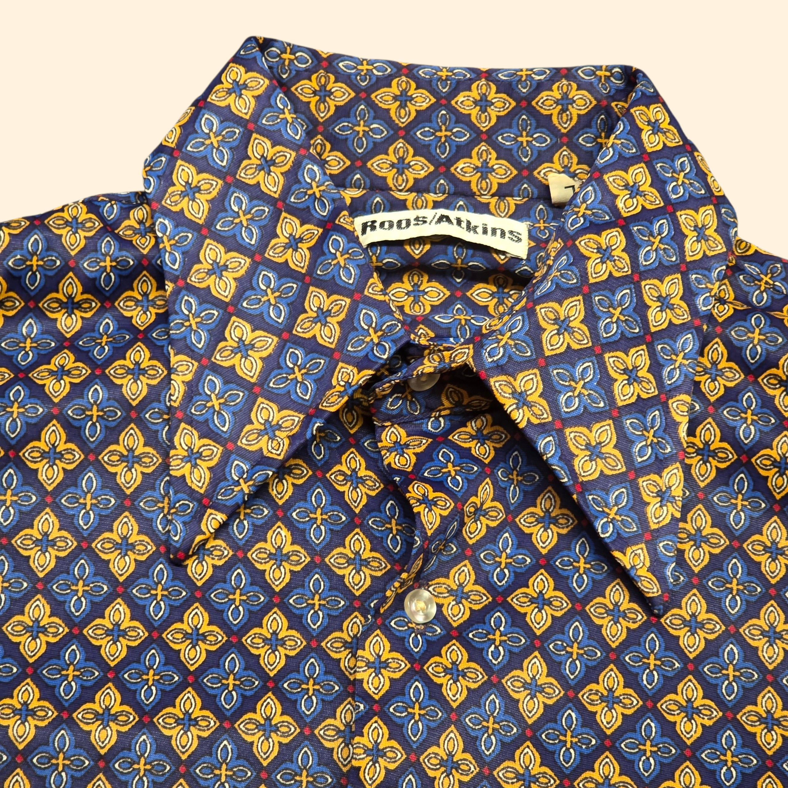 1970s Dagger Collar Button Down Shirt ~ Large ~ Men's Long Sleeve Navy Gold Foulard Print