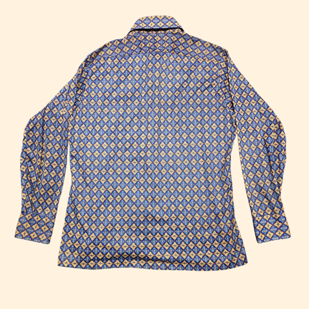 1970s Dagger Collar Button Down Shirt ~ Large ~ Men's Long Sleeve Navy Gold Foulard Print