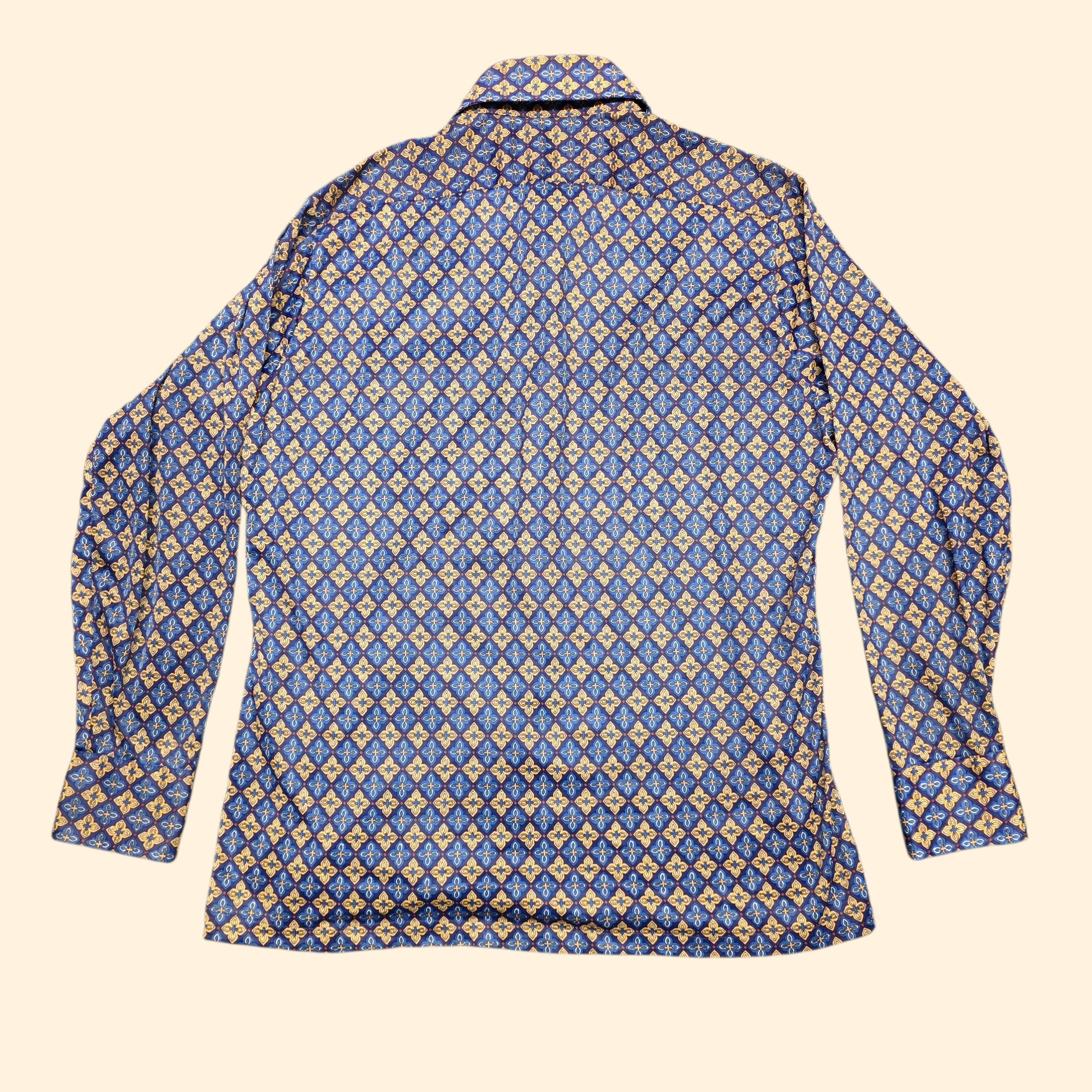 1970s Dagger Collar Button Down Shirt ~ Large ~ Men's Long Sleeve Navy Gold Foulard Print