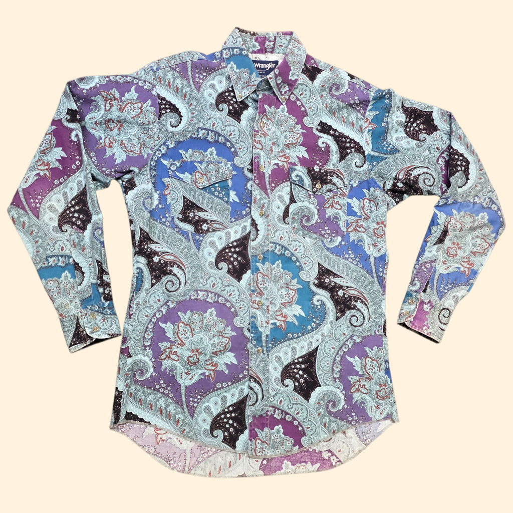 1990s Paisley Wrangler Button Down Western Shirt ~ Medium ~ Men's Cowboy Cut Long Sleeve Blue Purpe