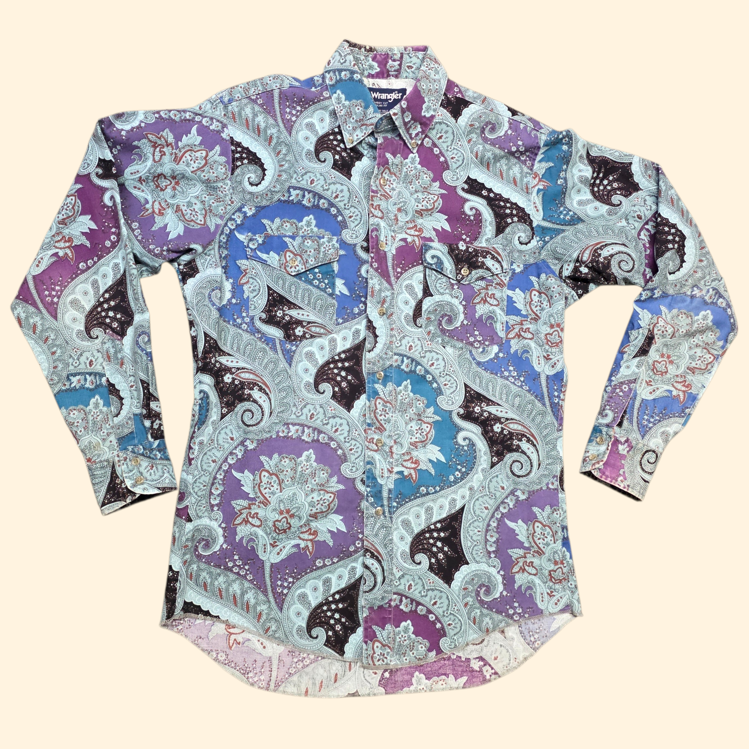 1990s Paisley Wrangler Button Down Western Shirt ~ Medium ~ Men's Cowboy Cut Long Sleeve Blue Purpe