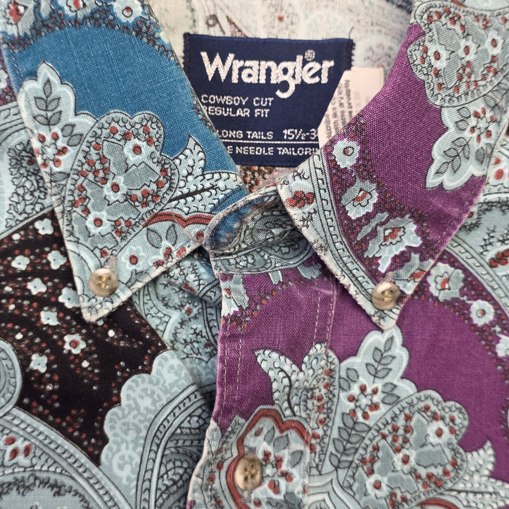 1990s Paisley Wrangler Button Down Western Shirt ~ Medium ~ Men's Cowboy Cut Long Sleeve Blue Purpe