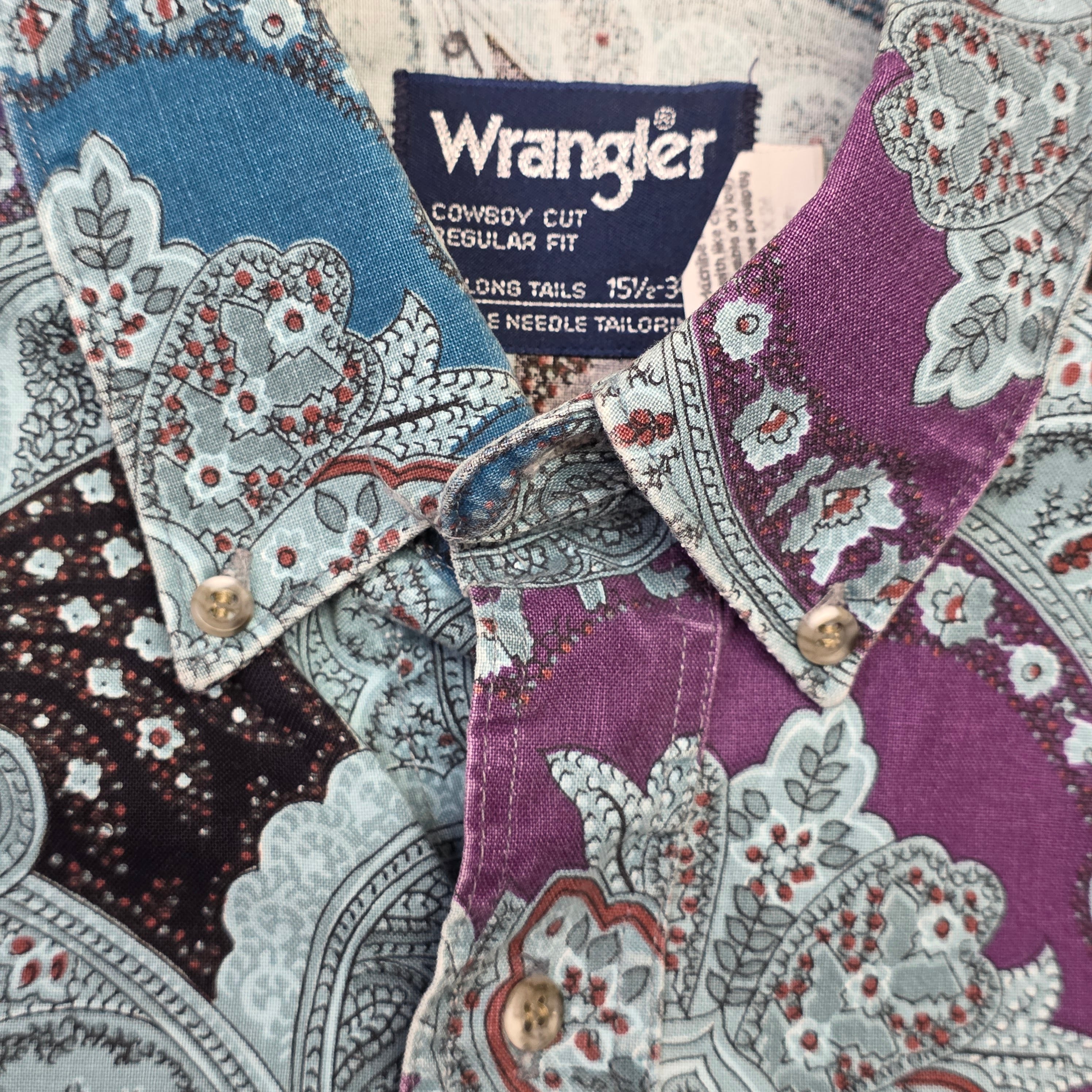 1990s Paisley Wrangler Button Down Western Shirt ~ Medium ~ Men's Cowboy Cut Long Sleeve Blue Purpe