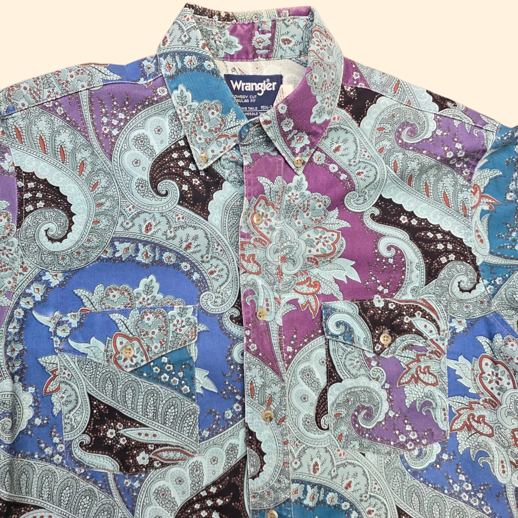 1990s Paisley Wrangler Button Down Western Shirt ~ Medium ~ Men's Cowboy Cut Long Sleeve Blue Purpe