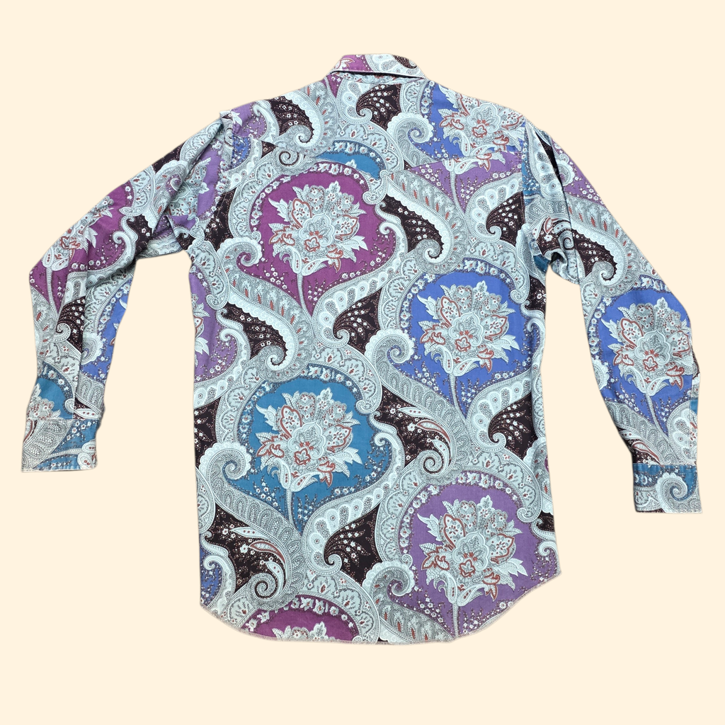 1990s Paisley Wrangler Button Down Western Shirt ~ Medium ~ Men's Cowboy Cut Long Sleeve Blue Purpe
