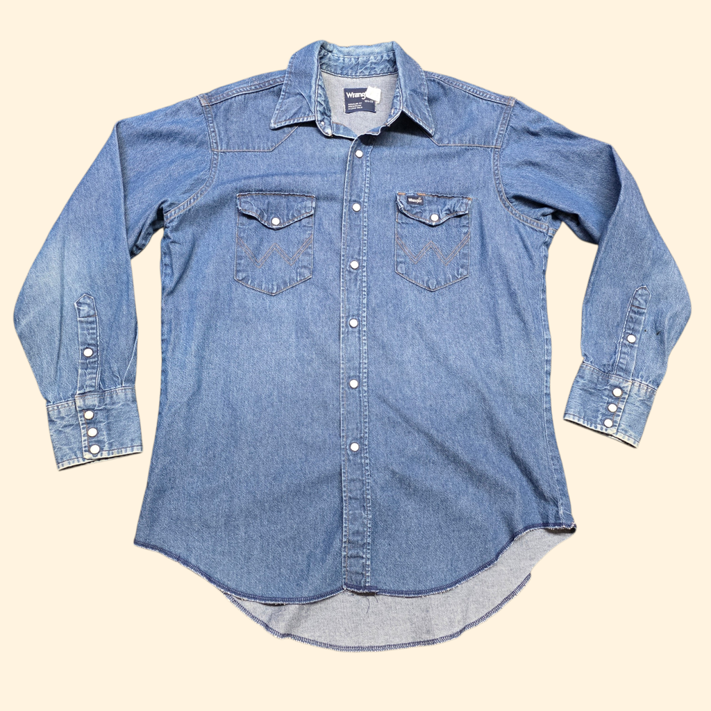 1970s Wrangler Chambray Snap Button Shirt ~ Large Extra Large ~ Western Denim Long Sleeve Men's