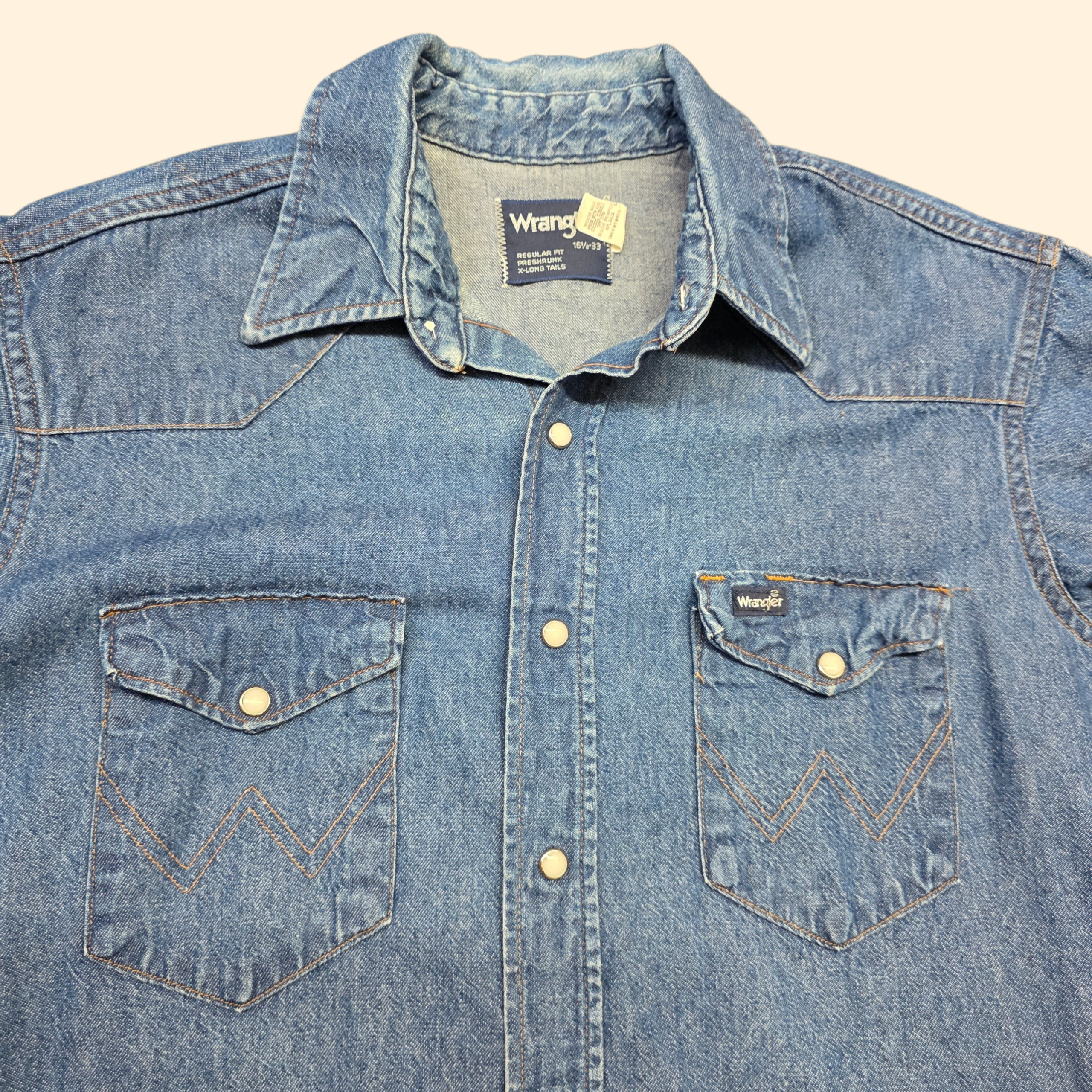 1970s Wrangler Chambray Snap Button Shirt ~ Large Extra Large ~ Western Denim Long Sleeve Men's