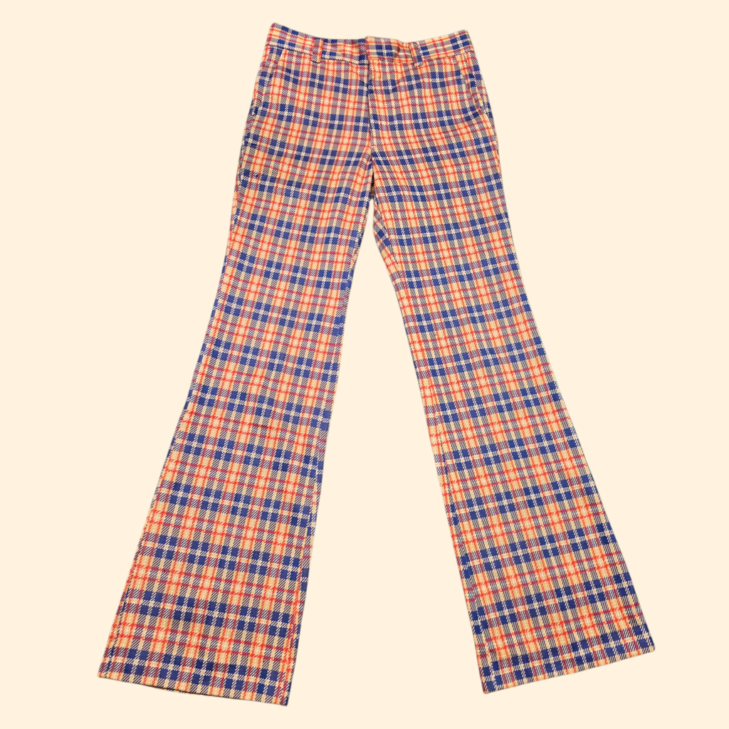1960s Plaid Polyester Pants ~ 32 x 34 ~ Flare Bootcut Red Navy Camel Men's