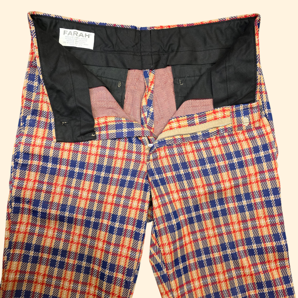 1960s Plaid Polyester Pants ~ 32 x 34 ~ Flare Bootcut Red Navy Camel Men's