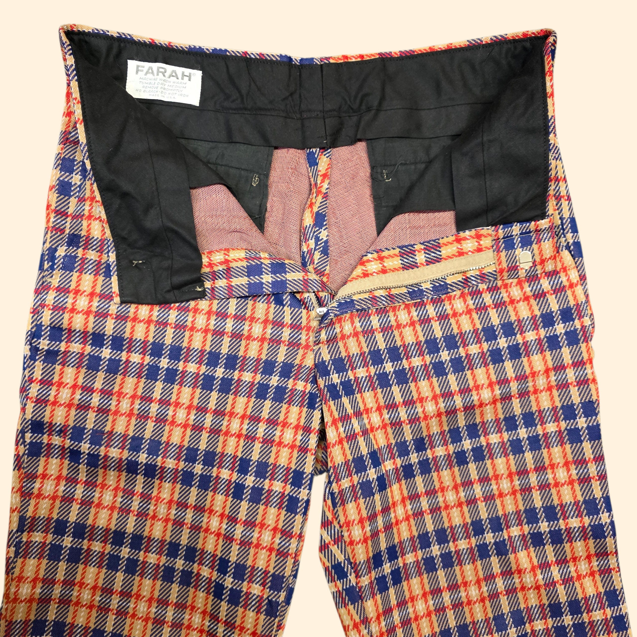 1960s Plaid Polyester Pants ~ 32 x 34 ~ Flare Bootcut Red Navy Camel Men's