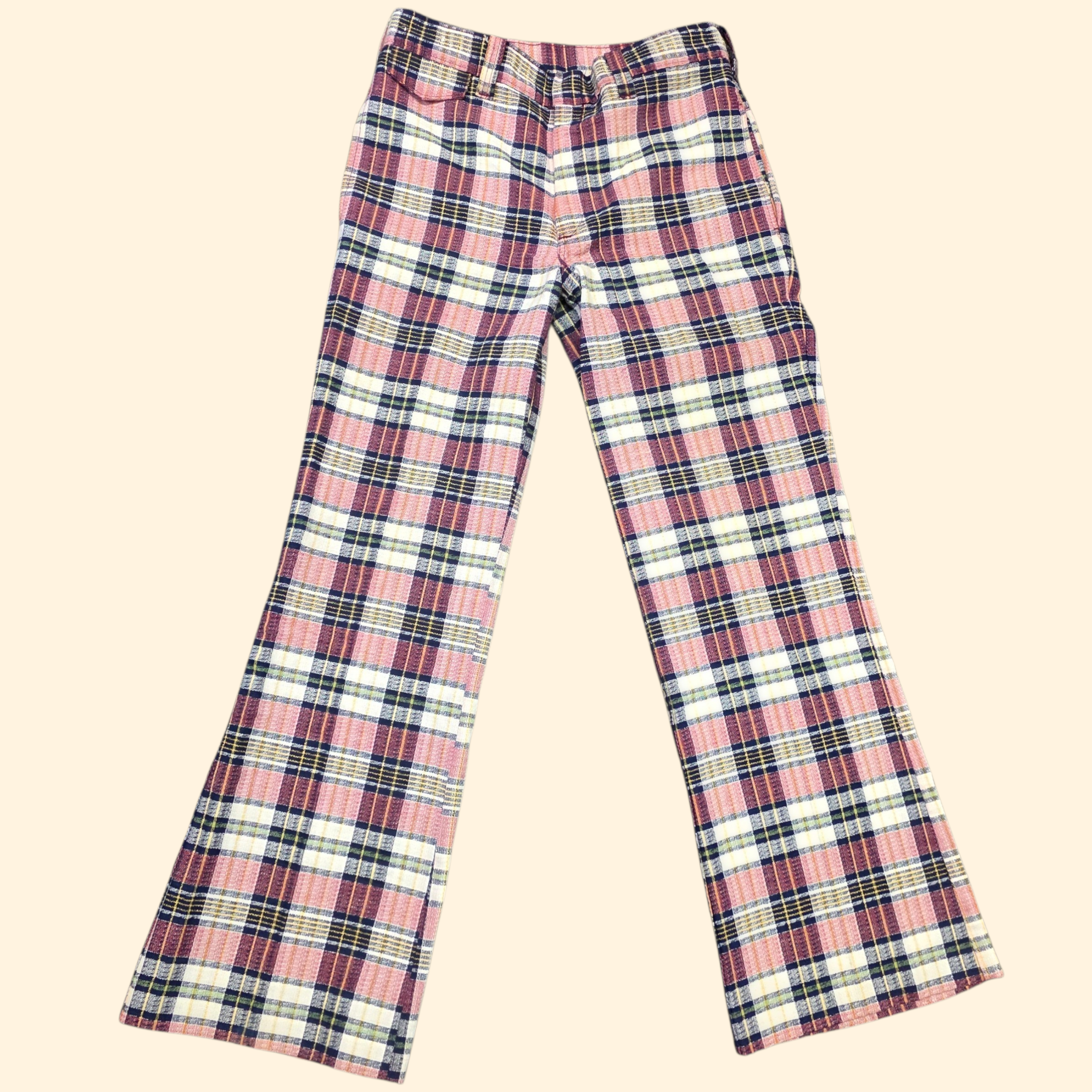 1970s Plaid Pants ~ 33 x 32 ~ Men's Bootcut Burgundy Navy Yellow