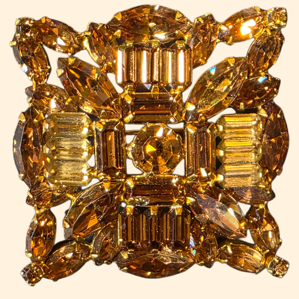 1950s Weiss Brooch and Clip On Earring Set ~ Topaz Rhinestones