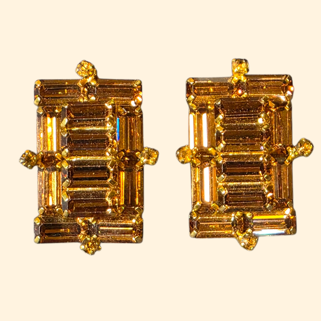 1950s Weiss Brooch and Clip On Earring Set ~ Topaz Rhinestones