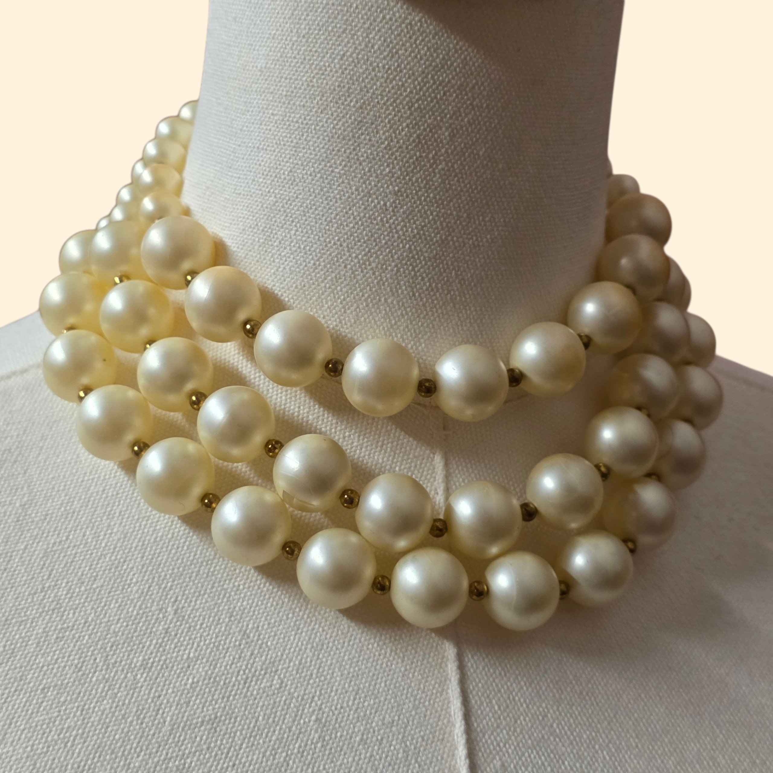 1950s Multistrand Faux Pearl  Chunky Choker Necklace with Faceted Topaz Lucite Clasp